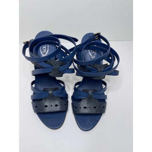 Tod’s Blue 4” Heel Leather Ankle Strappy Tie Sandal 38 Size 8 MINT - Picture 3 of 11